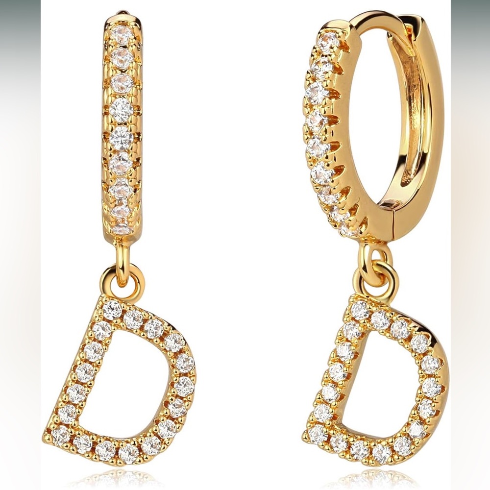 EUC Gold‎ Initial Cubic Zirconia Diamond Huggie Hoop Earrings